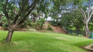 Een achtertuin met gazon, bomen en een houten omheining.