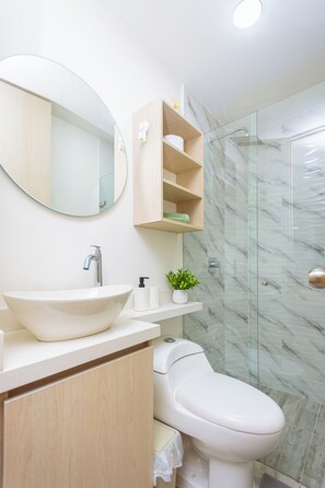 Appartement Deluxe | Salle de bain | Douche, serviettes fournies, savon, papier de toilette