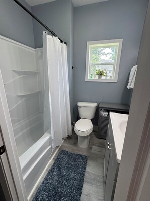 Hair dryer, towels, soap, toilet paper