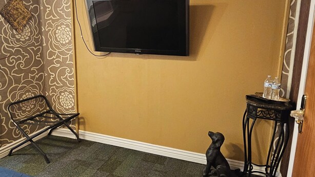 Une chambre avec un lit, un téléviseur fixé au mur, une petite table avec des bouteilles d’eau et un motif décoratif sur le mur.