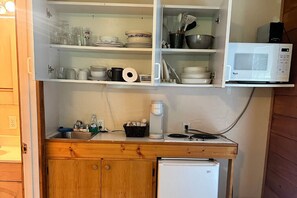 Fridge, microwave, coffee/tea maker, toaster