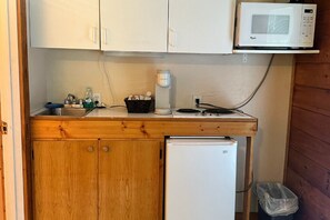 Una kitchenette compacta equipada con microondas, un refrigerador pequeño, un lavamanos y una encimera de madera.