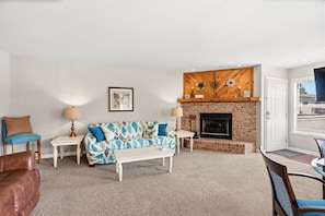 TV, fireplace, books