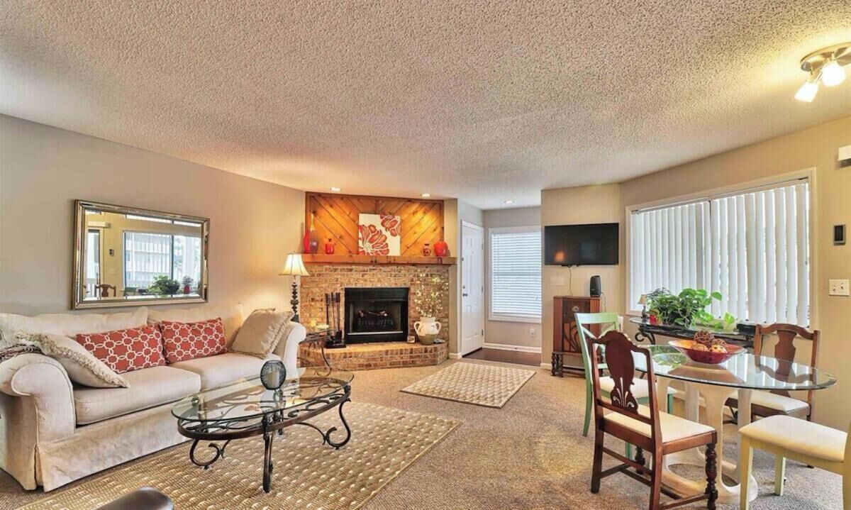 TV, fireplace, books