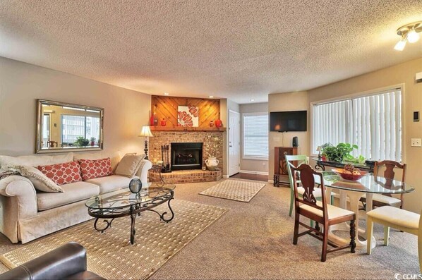 Smart TV, fireplace, books