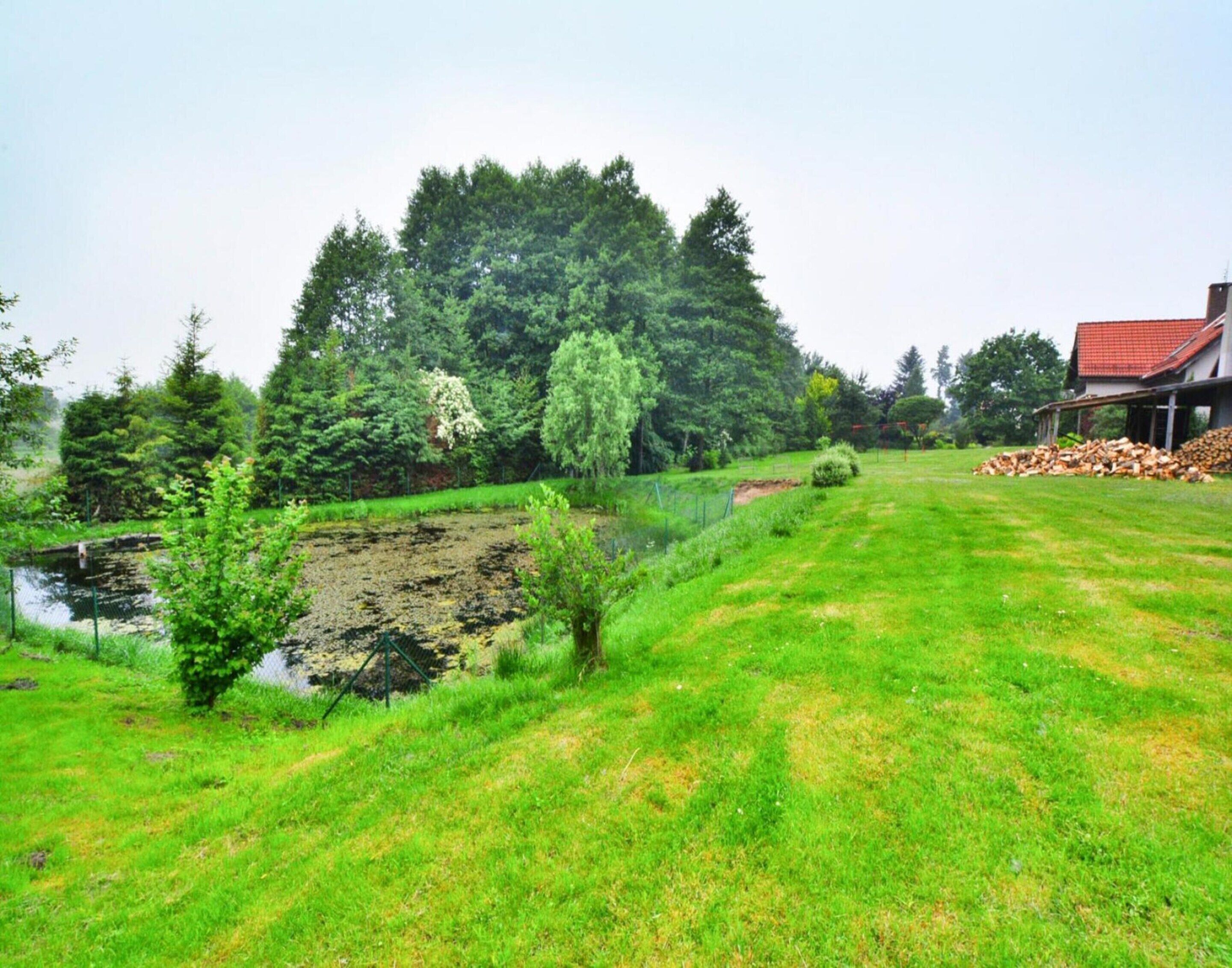 Een grasveld met een vijver, bomen en een gebouw met een rood dak.