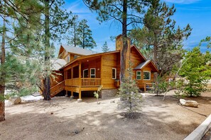 A wooden cabin with a porch, surrounded by pine trees.