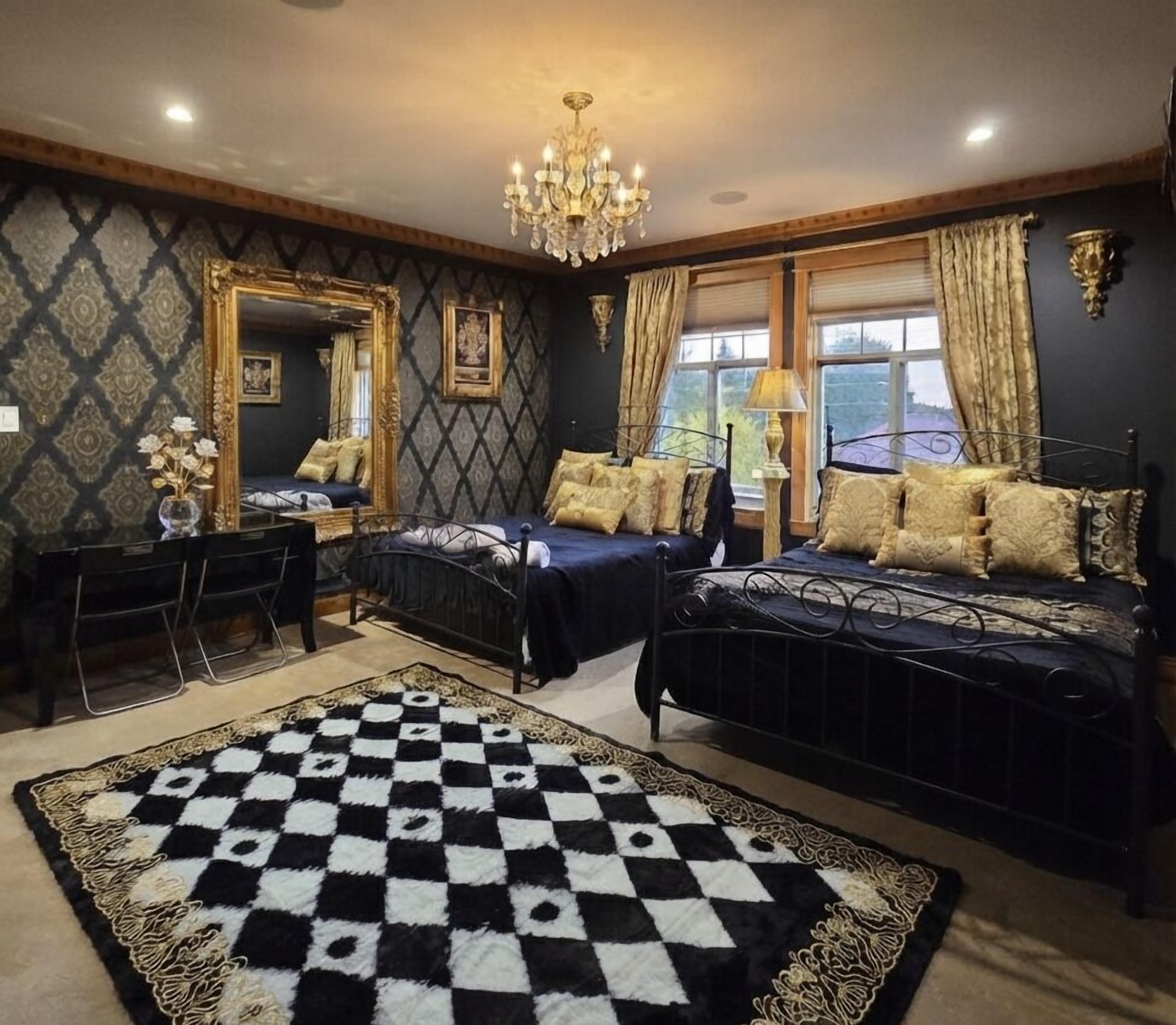 Premium bedding, desk, laptop workspace, blackout curtains
