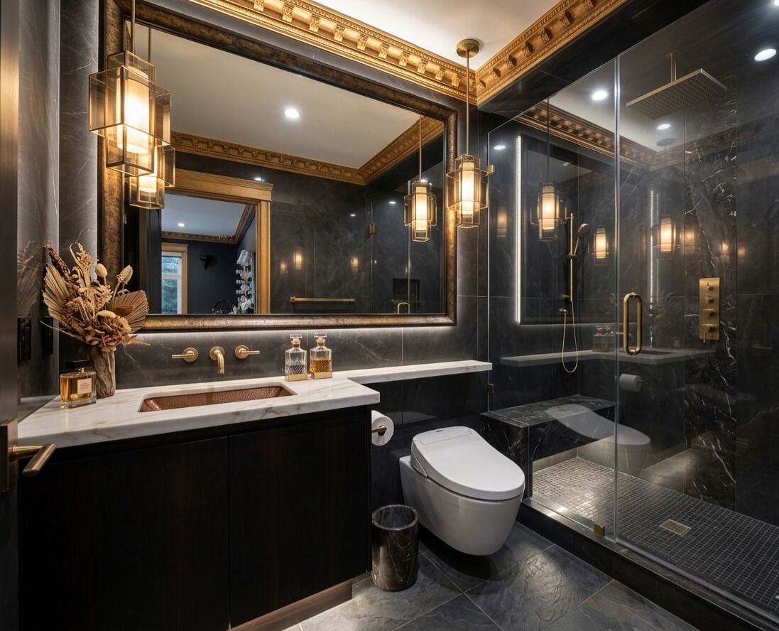 Un baño moderno con tocador de mármol, inodoro, cabina de ducha y un espejo grande.
