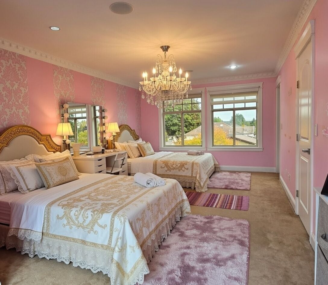 A bedroom with two beds, a chandelier, a desk with lamps, and large windows.