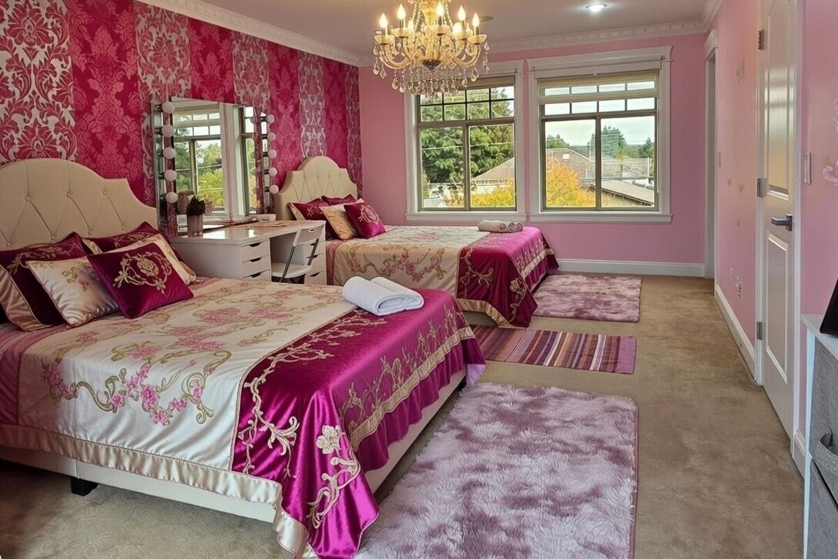 A bedroom with two beds, a chandelier, and large windows.
