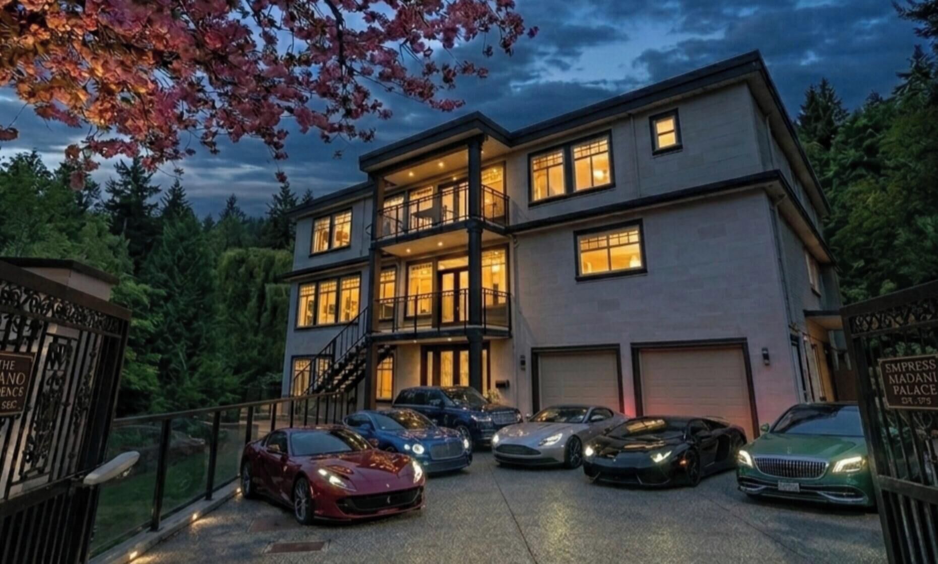 A multi-story building with a garage, surrounded by trees and parked cars.