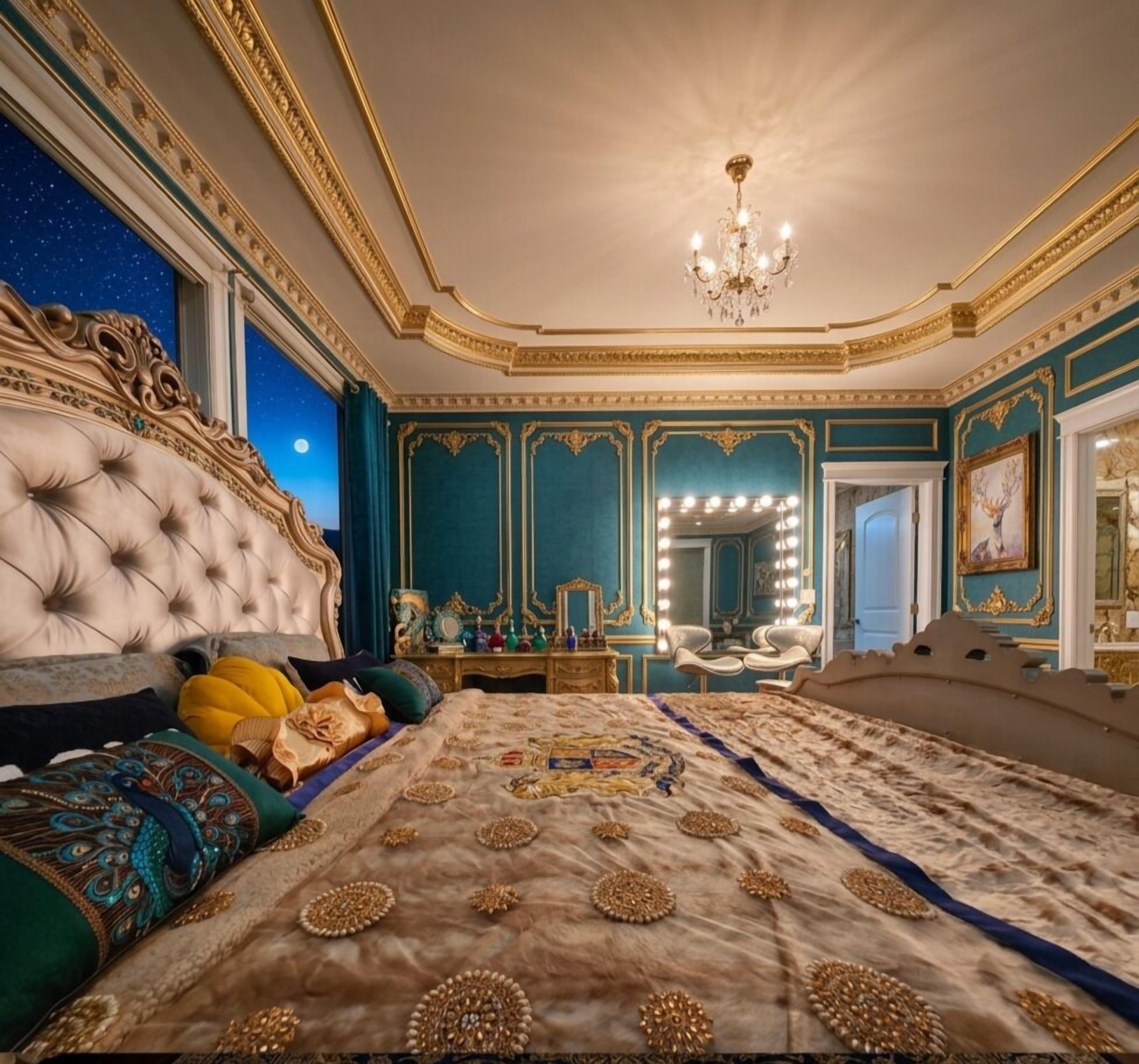 A luxurious bedroom with a large bed, a chandelier, and ornate decor.