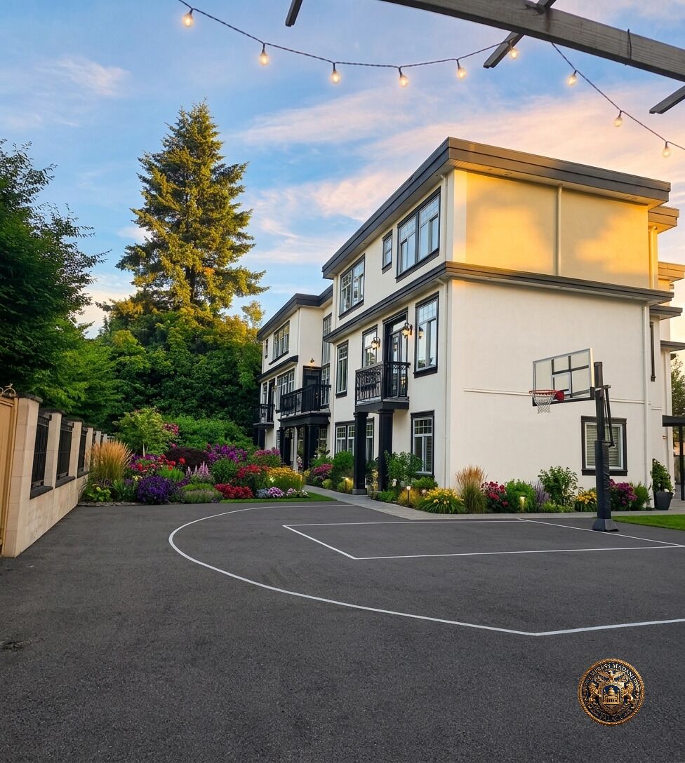 Un terrain de basket avec un panier, entouré d’un jardin où poussent différentes plantes et fleurs, et un bâtiment doté de nombreuses fenêtres et de balcons.