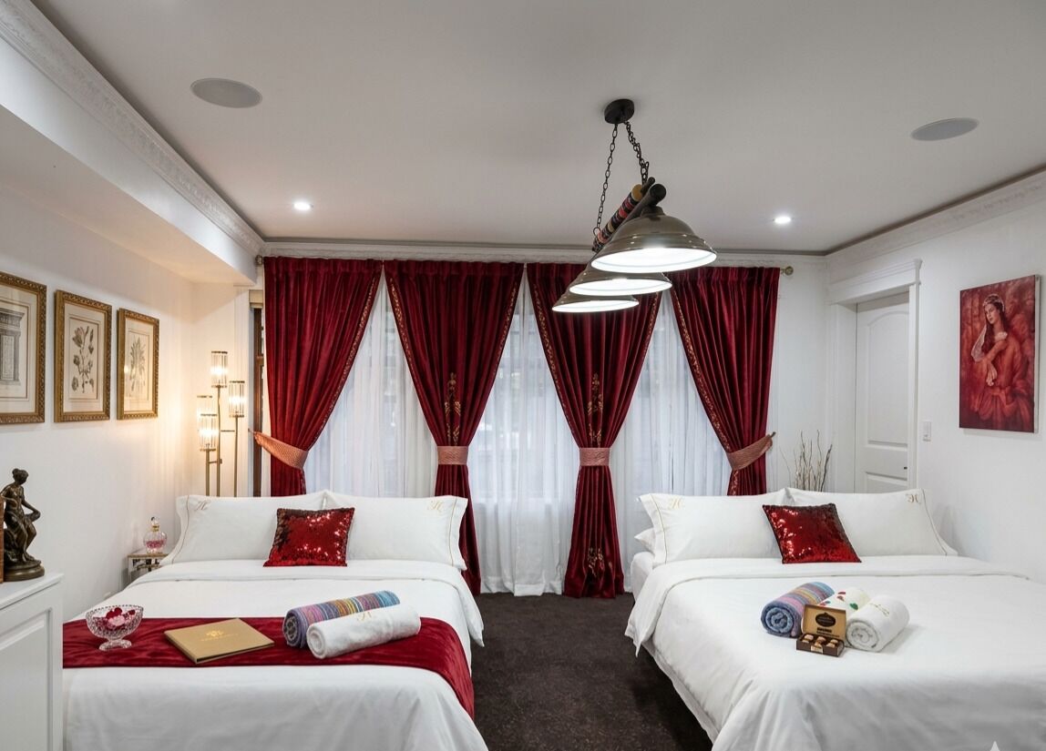 Habitación de hotel con dos camas, cortinas rojas, una araña y cuadros en las paredes.