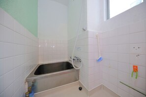 Hair dryer, towels, soap, toilet paper