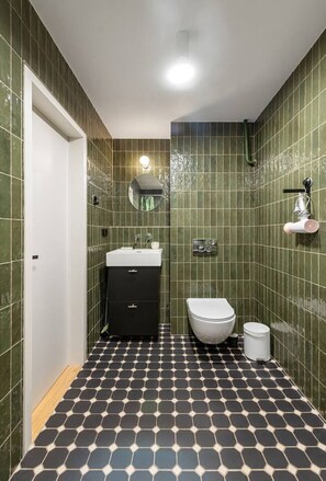 Secadora de cabello, toallas, papel de baño 