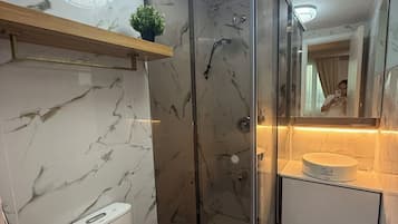 Shower, hair dryer, bidet, towels