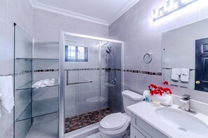 Shower, towels, soap, toilet paper