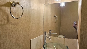 Hair dryer, towels, soap, shampoo