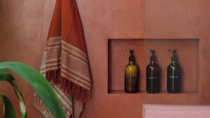 A bathroom with a towel hanging on a hook, a shelf with three bottles, and a plant. - Casa Tikiri - BOUTIQUE HOTEL Adults-Only (Ahangama)