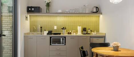 Coffee/tea maker, microwave, stovetop, electric kettle