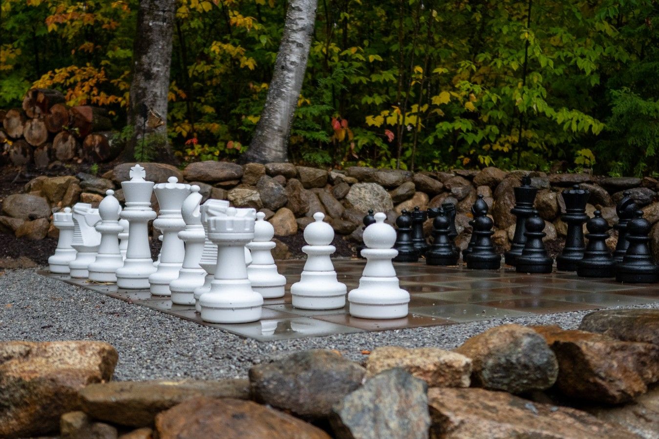 Un jeu d’échecs installé en plein air, avec les pièces disposées en deux rangées, entourées de rochers et d’arbres.
