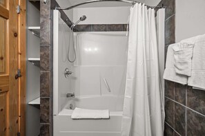 Shower, towels, shampoo