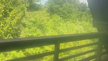 A wooden deck with a railing overlooking a lush green landscape.