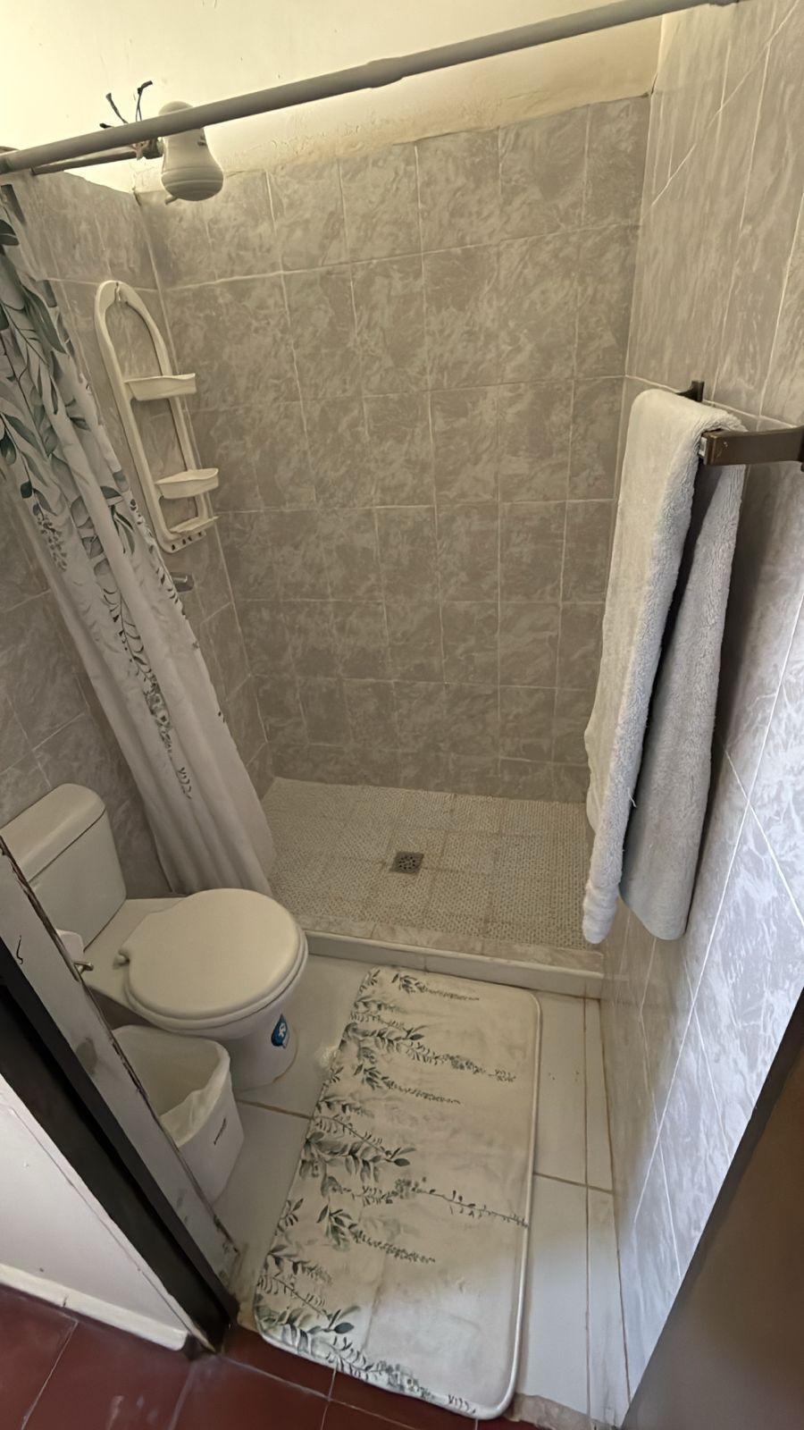 Un área de ducha con puerta de vidrio, un inodoro y un perchero para toallas.