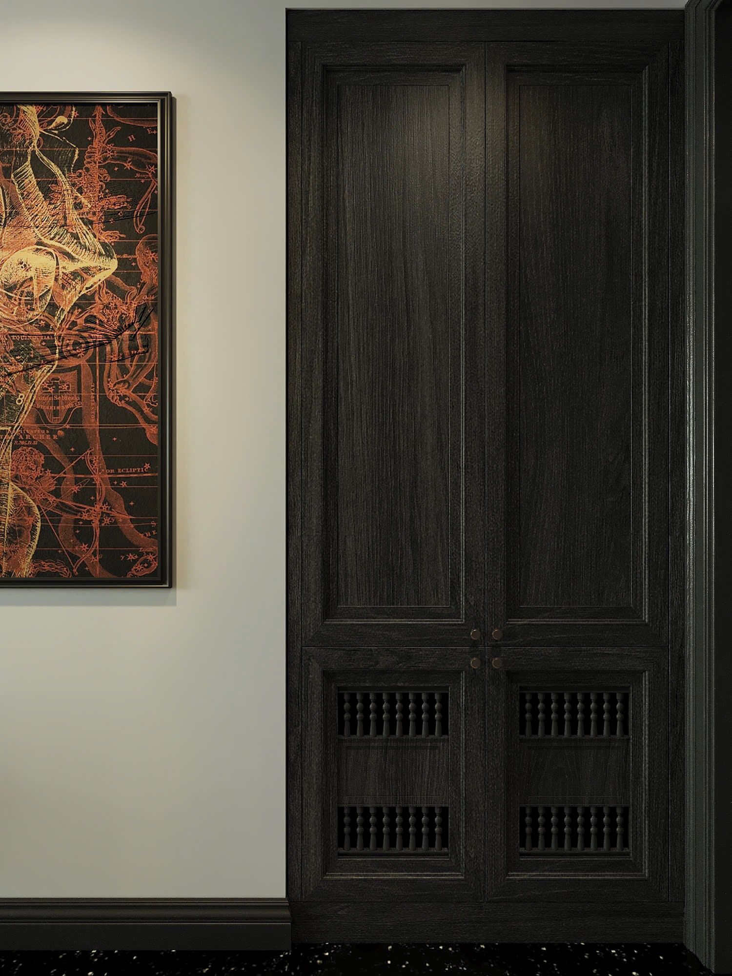 Una puerta doble de madera oscura con un diseño tradicional, que incluye un ventanal pequeño y una celosía decorativa en la parte inferior.