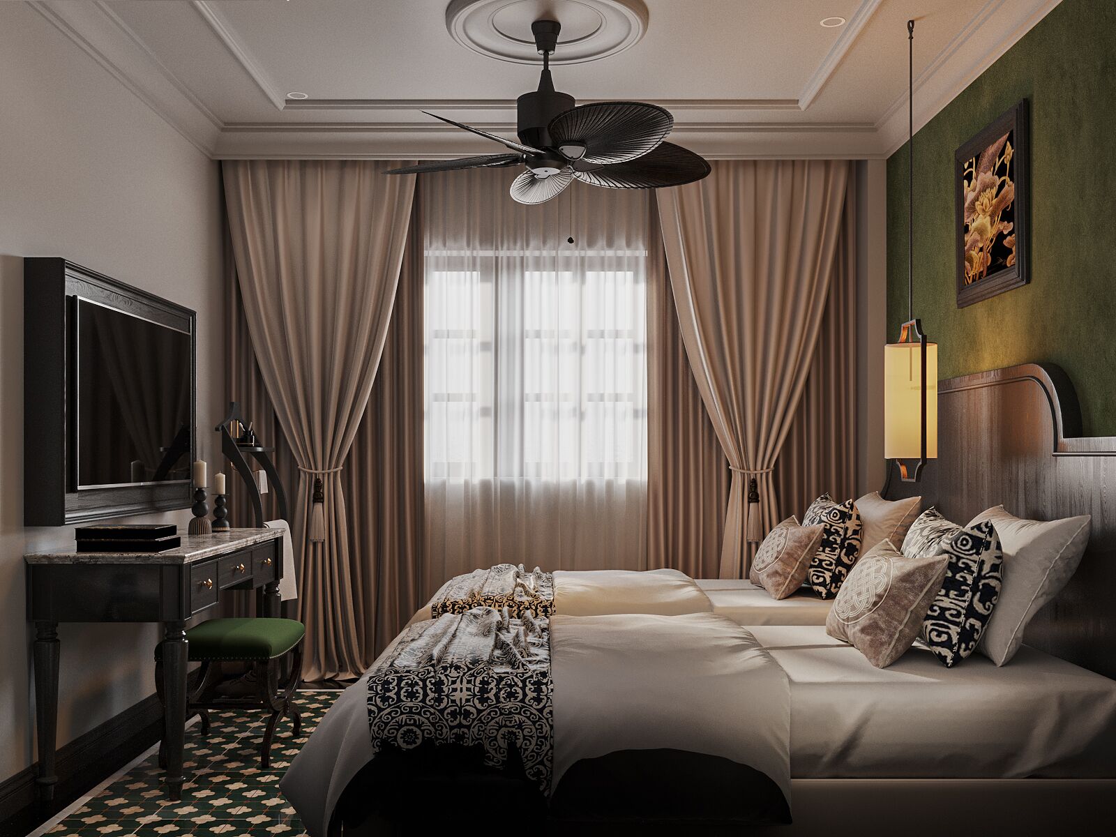 A hotel room with a bed, a desk, a chair, a television, and a ceiling fan.
