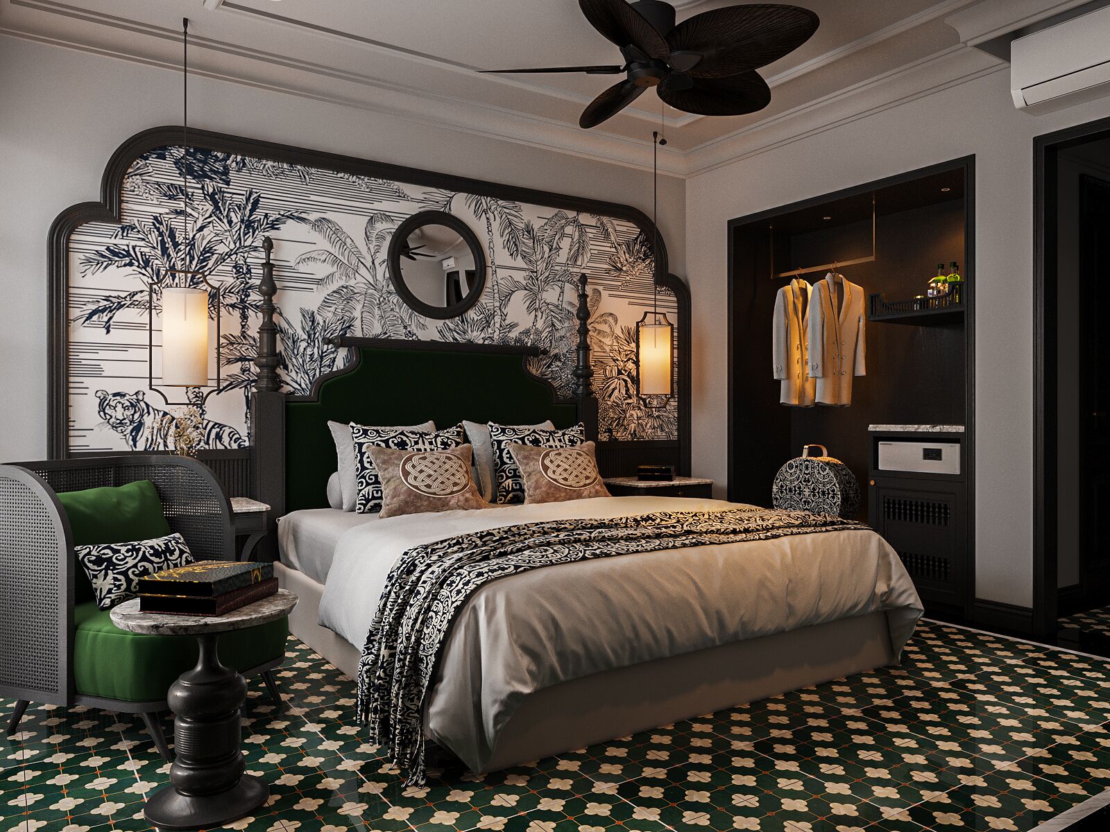 A modern bedroom with a large bed, a round mirror, and a ceiling fan.