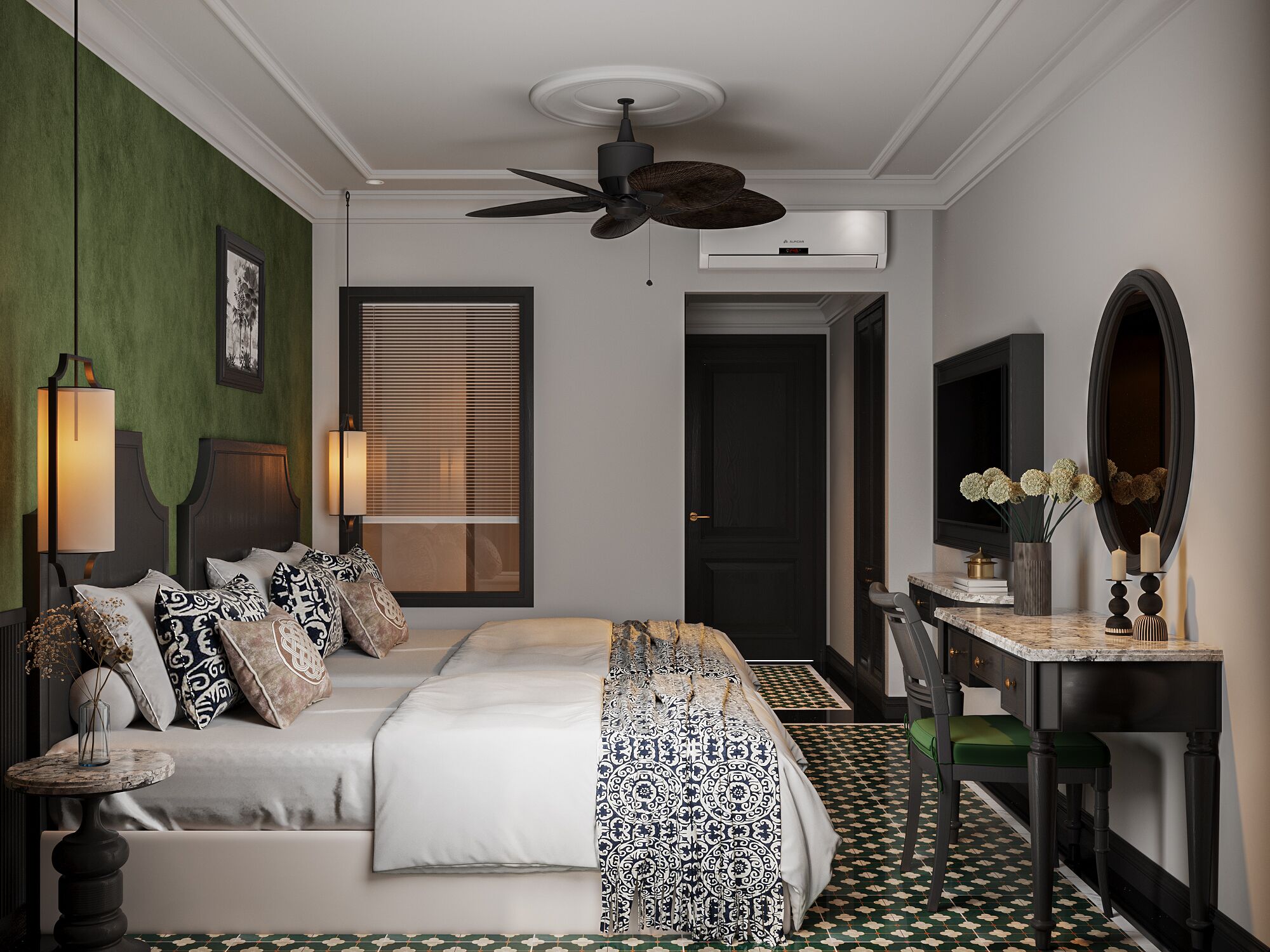 A hotel room with a bed, bedside table, lamp, and a mirror.