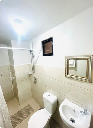 Douche, sèche-cheveux, bidet, serviettes fournies