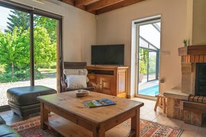 Televisión, chimenea y libros 