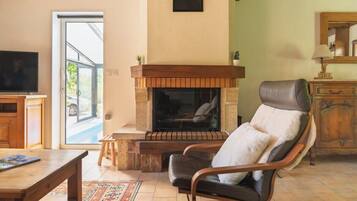 TV, fireplace, books