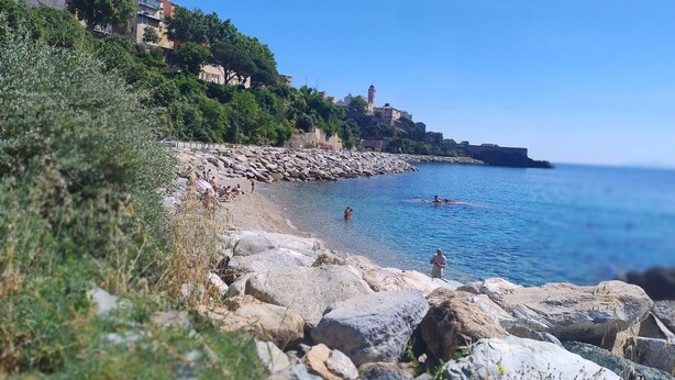 A rocky beach with clear blue water, surrounded by greenery and buildings. - Cosy cocoon in the heart of Bastia (Bastia)