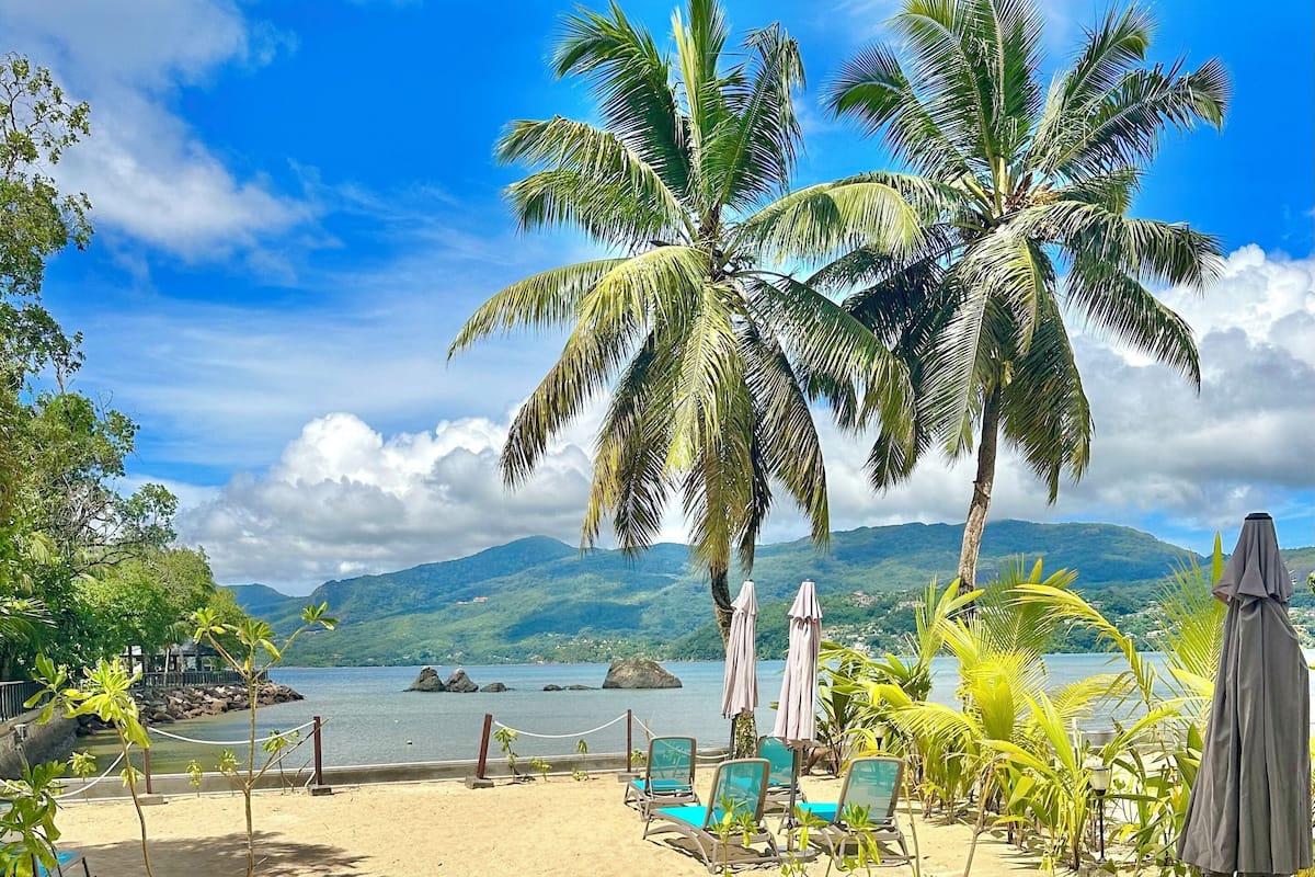 Une plage bordée de palmiers, avec des chaises longues et une vue sur la mer et les montagnes.