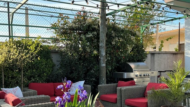 Une terrasse extérieure aménagée avec des meubles en osier, des coussins rouges et des plantes en pot.