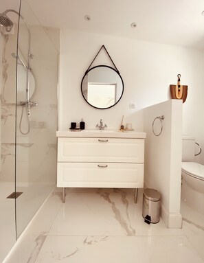 Shower, hair dryer, towels, toilet paper