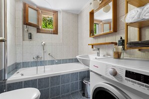Hair dryer, towels, soap, toilet paper
