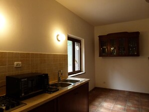 Fridge, microwave, stovetop, coffee/tea maker