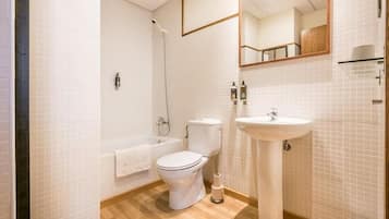 Hair dryer, towels, soap, shampoo