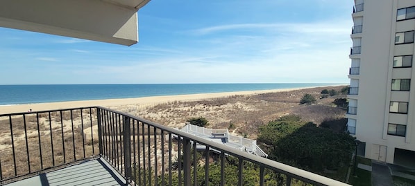 A balcony with a view of a beach and ocean.