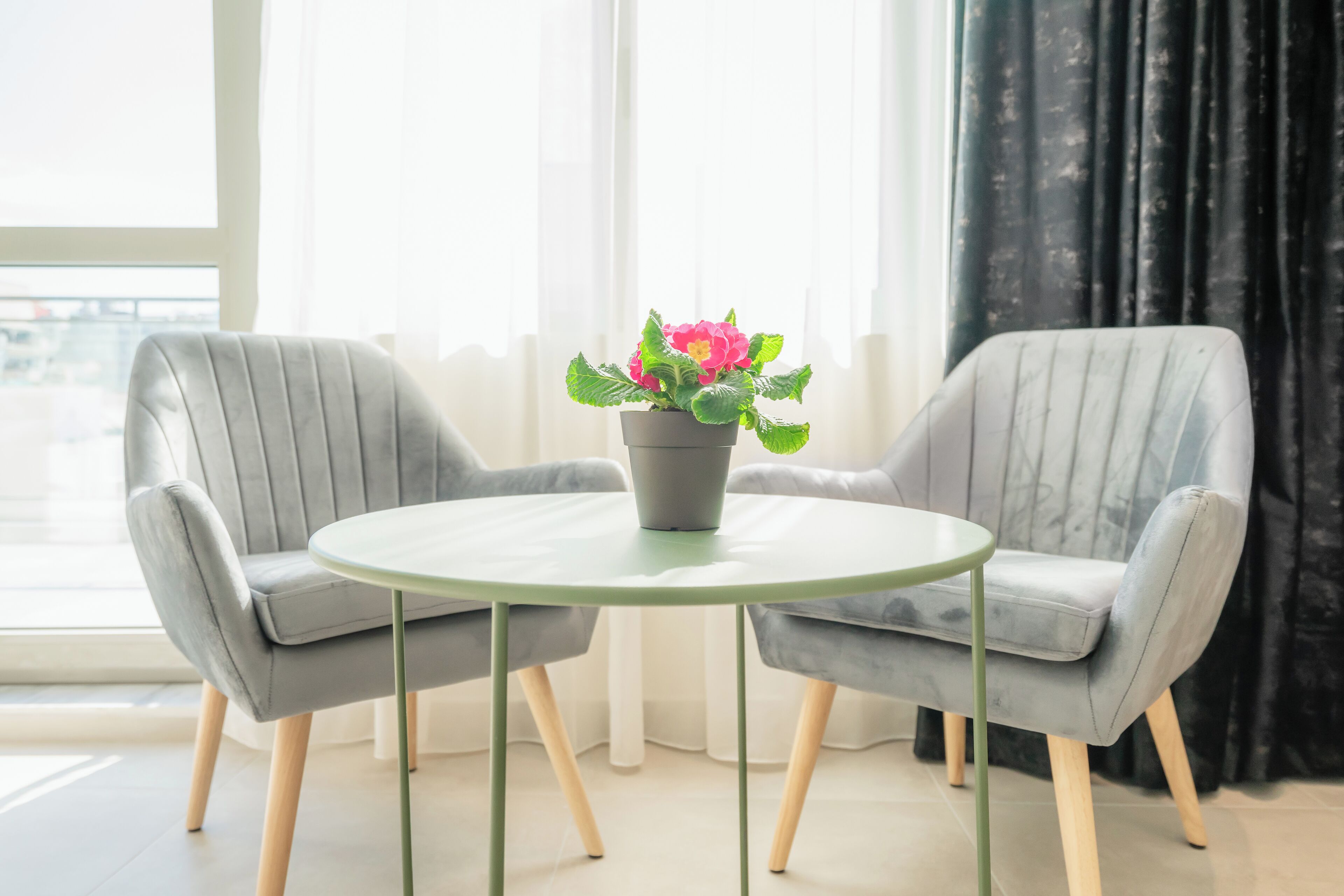 A modern room with two grey upholstered chairs, a round table, and a potted plant with pink flowers.
