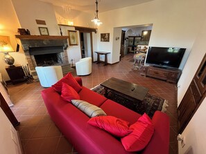 Smart TV, chimenea, mesa de ping pong, libros