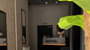 A reception area with a marble wall, a reception desk labeled 'RECEPTION', and a chair.