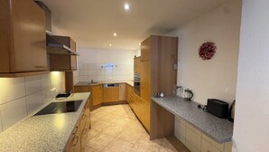 A compact kitchen with wooden cabinets, a built-in oven, and a granite countertop. - Vacation apartment Annemarie (Tirol)