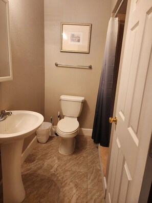A bathroom with a sink, toilet, and a framed picture on the wall. - Welcome to this quiet, tranquil and cozy 3-bedroom house in sunny Tampa (Tampa)